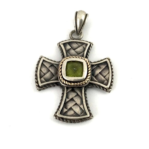 Sterling Silver 925 Vintage 14K Gold Peridot Cross Pendant - Picture 1 of 2